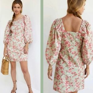 Anthropologie Forever That Girl Floral Puff Sleeve Mini Dress Green Pink Size S